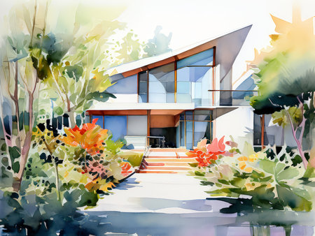 Enchanting Modern Retreat A Watercolor Painting of a Sunlit Two-Story House in a Verdant Gardenの素材