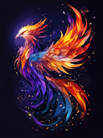 Phoenix Metaphor Vibrant Polygonal Illustration Against Dark Background Featuring Glittering Feathers and Multicolor Wingsの素材