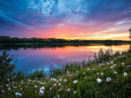Sunset Reflections Over Mountains: A Calming Scene of Peaceful Water and Treesの素材