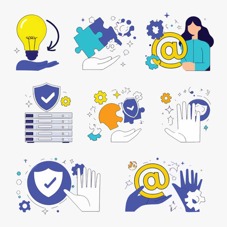 Iconic Illustration: Capturing Creativity, Communication, Problem Solving, Security, Management, Privacy, Collaboration, Interaction, Maintenance, Sharing, Social Media , A Harmonious Blend of Blue Trust, Yellow Ideas, White Neutrality, and Vibrant Dotsの素材