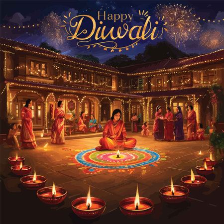 Jeweled Tapestry Celebrating Diwali: Vibrant Palette of Colors Illuminates a Roundel Scene of Lights and Fireworksの素材