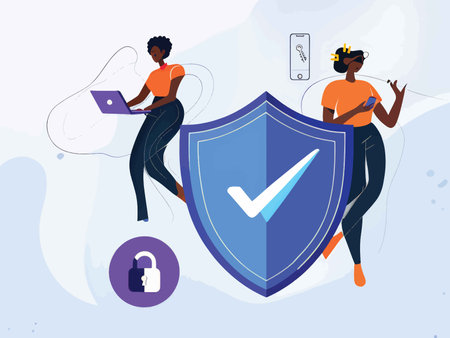 Digital Guardians: A Pair of Women's Protective Digital Practices in Blue Backgroundの素材