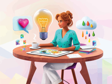 Tech Enlightenment: A Creative Blend of Symbols Surrounding a Woman's Tablet in Pastel Colorsの素材