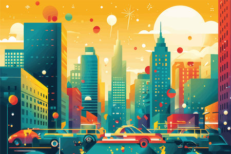 Radiant Metropolis: A Vibrant Animated Cityscape with Glowing Buildings, Colorful Cars, and Whimsical Spheresの素材