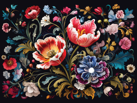 Radiant Floral Tapestry: A Vivid Digital Illustration of Intricate Dark Background Featuring Poppy, Blue, Pink, and White Bloomsの素材