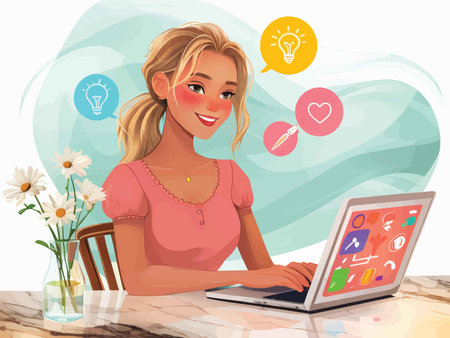 Creative Expression: A Joyful Woman's Laptop Journey Through Vibrant Colors and Symbolic Artworkの素材