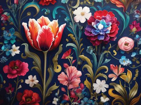 Digital Artwork: Vivid Bloom Composition , A Richly Colored Floral Scene in Deep Blue Background Featuring a Shaded Red Tulip amidst Vibrant Poppy and Peony Bloomsの素材