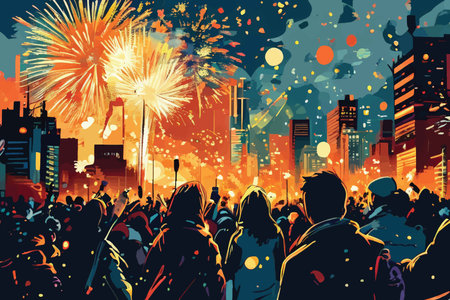 Sparkling Spectacle: Colorful Fireworks Illuminate a Thriving City at Night Amidst Silhouette Hungry Buildings and Gathered Crowdsの素材