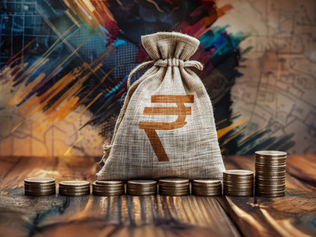 Currency Sack amidst Coin Stacks: An Economic Canvas of Colorful Savings and Growthの素材