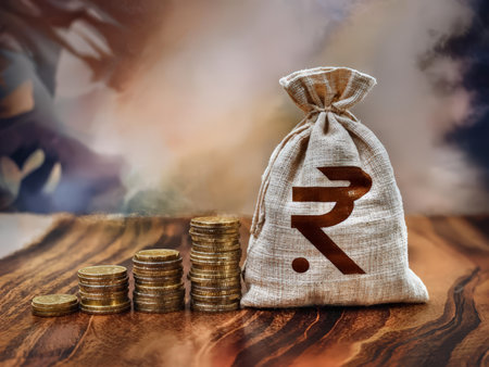 Amassing Fortunes: A Detailed Look at the Growth and Symbolism Behind a Money Bag Featuring an 'R' and Coin Stacksの素材