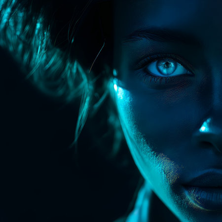 Charming Close Up Portrait: Glowing Blue Eyes Against Dark Backgroundの素材