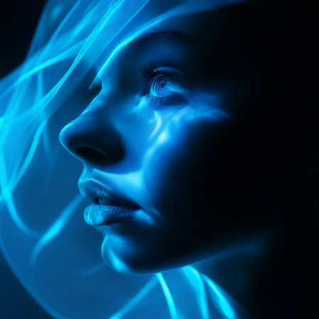 Enchanting Portrait: A Radiant Young Woman Enveloped in Blue Light and Whirling Smoke Swirlsの素材