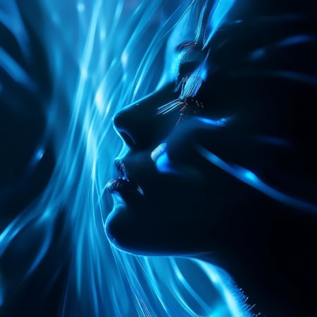 An Otherworldly Moment: A Woman Gazing Upward Amidst Soft Blue Lightの素材