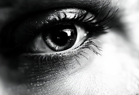 Deep Focus: A Detailed Look at a Person's Eye from Below, Highlighting Dark Colorsの素材