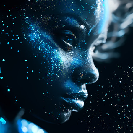 Close Up Portrait: Capturing the Beauty and Detail of a Woman's Face Covered in Blue Particlesの素材