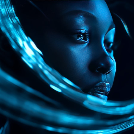 Photograph: Close up Portrait with Glowing Blue Light Adorning Faceの素材