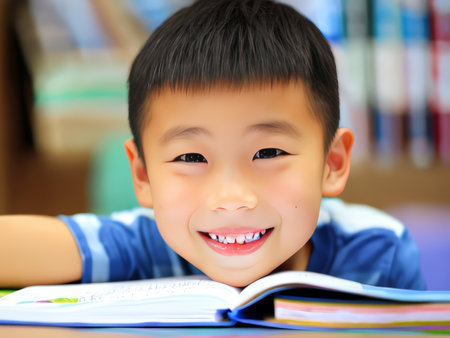 Joyful Reading: A Young Boy's Enthusiasm Amidst Colorful Classroom Booksの素材