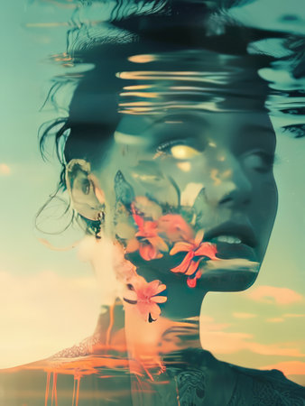 Enchanting Floral Reflections: A Serene Ethereal Portrait Capturing Transcendent Water Like Imagery in an Otherworldly Atmosphereの素材