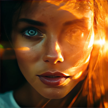 Intimate Enigma: A Serene Gaze Under Golden Sunlight Amidst Lens Flareの素材