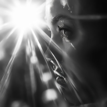 Whispering Light: A Black and White Portrait of a Woman's Serene Expression Under Glowing Lightsの素材