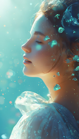 Enchanting Blue Water Bubbles Around Her Head: A Woman's Magical Aura in Stunning Lightingの素材
