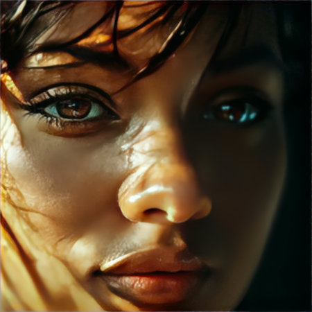 Enigmatic Portrait: Intense Blue Eyes Reflecting Golden Skin Tones in Deep Focus Light Playの素材