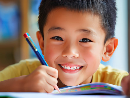 Cheerful Child Writes Creatively While Studying: A Joyful Moment of Childhood Education and Happinessの素材