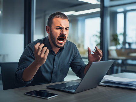 Indoor Office Chaos: A Frustrated Professional Struggles to Manage Workload Amidst Document Rich Environment and Overloaded Laptopsの素材