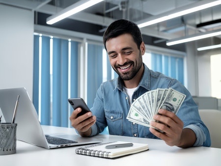 Joyful User's Balanced Digital Life: A Mobile Phone and Laptop Portrait Featuring Office Supplies and Silver Keyboardの素材