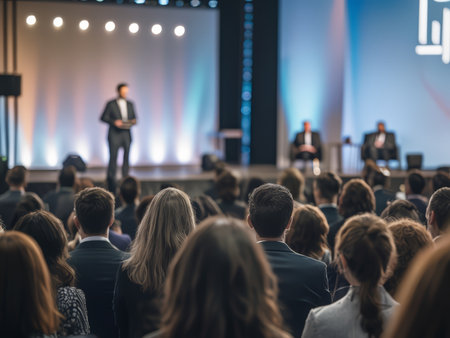 Business Conference: Intimate Audience Observes Two Men Delivering Keynotes Amidst Formal Attireの素材