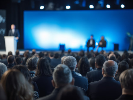 Indoor Conference Scene: Professional Setting Illuminated Blue Backdrop with Two Speakers and Seated Audienceの素材