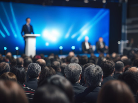 Shallow Focus Stage Show: Capturing Atmosphere Through Blue Lighting and Out of Focus Backgroundの素材