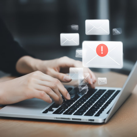Modern Workspace: A Laptop with Floating Email Icons Emphasizes Digital Communication and Urgencyの素材