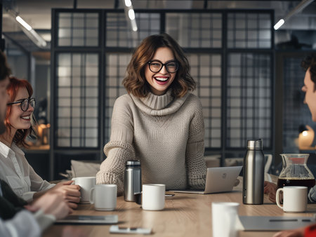 Cheerful Collaboration Break: A Captivating Office Meeting Picture Featuring Brainstorming and Laptop Useの素材