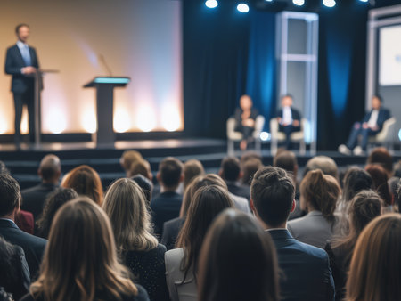 Professional Conference Ambiance: A Muted Blues and Gray Celebration of Knowledge Sharing Among Industry Expertsの素材