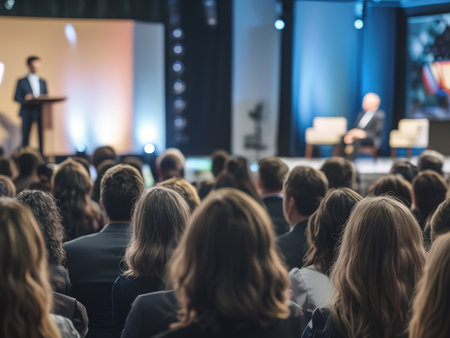Behind the Scenes Insight: Capturing Headshots of Attentive Attendees at a Professional Conference Featuring Diverse Suits and Engaged Leaders on Stageの素材