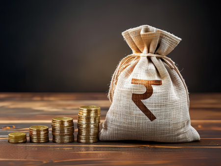 Golden Accumulation: A Muted Still Life Comprising Ascending Currency Coins Symbolizing Financial Growth in Indiaの素材