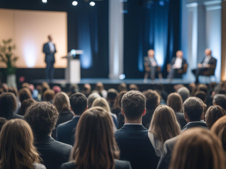Business Conference Atmosphere: Attentive Audience Amidst Blurred Front Focus and Highlighted Depth in Lightingの素材