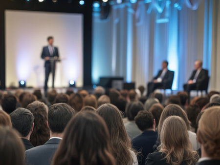 Indoor Event Seating Arrangement: Stage Lighting Contrast Amidst Dimmed Audience Atmosphereの素材