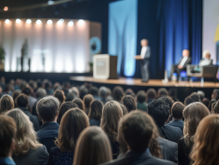 Formal Blue Tone Backdrop: A Professional Event Gathering with Engaged Attendees and Spectacular Stage Setupの素材