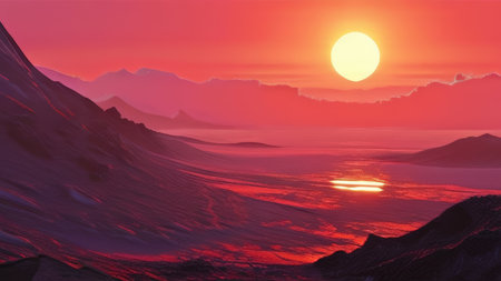 Sunset Layers: A Calming Tapestry of Orange Skies, Hills, Mountains, and Blue Hues - An In-Depth Visual Explorationの素材