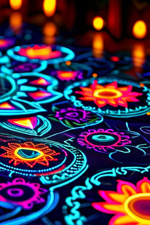 Neon Neon Lights: A Vibrant Digital Artwork Celebrating Diwali with Glowing Circles and Ringsの素材
