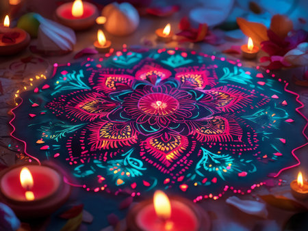 Radiant Mandala: A Festive Night's Glow - Vibrant Colors, Flickering Candles, and Subtle Hues Illuminate Spiritual Celebration Amidst Dark Ambianceの素材