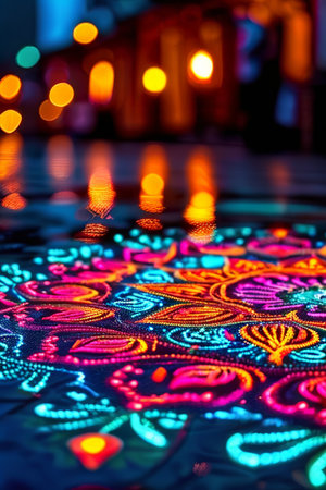 Radiant Neon Mandala: An Enchanting Colorful Design Illuminated with Glowing Neonsの素材