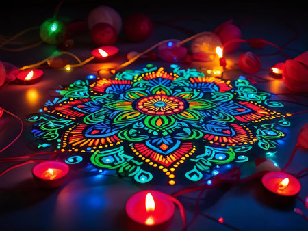 Radiant Mandalas Illuminate: Neon Colors Surrounding Candles in Sacred Artworkの素材