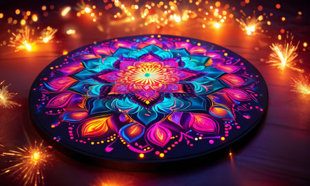 Radiant Mandala Pattern Illuminated by Soft Candles: A Stunning Visual Spectacle Against a Dark Backgroundの素材