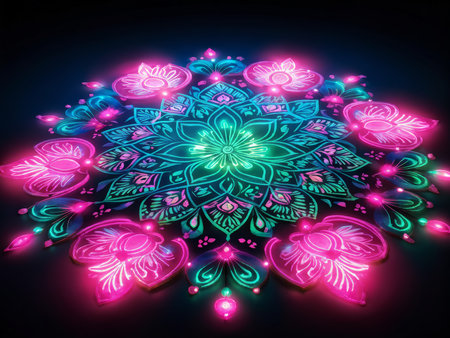 Radiant Neon Mandala Enveloped in Luminous Candles: An Ethereal Spiritual Sceneの素材