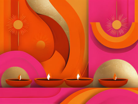 Vibrant Colors & Traditional Motifs: A Festive Diwali Greeting Card Featuring Rangoli Patterns & Oil Dropletsの素材