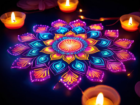 Radiant Mandalas and Neon Candles: A Celebration in Neon Glowの素材