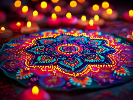 Indian Festival Diwali, Diwali oil lamps lit on colorful rangoliの素材